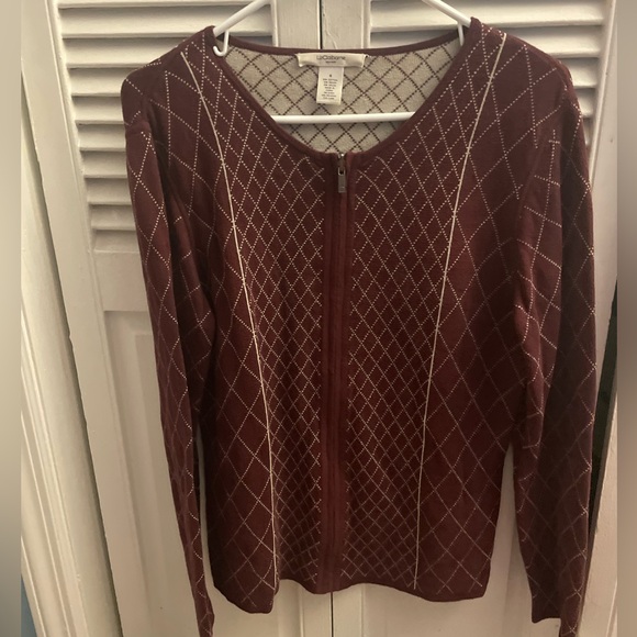 Liz Claiborne maroon and tan grid pattern zip up sweater - Picture 1 of 4
